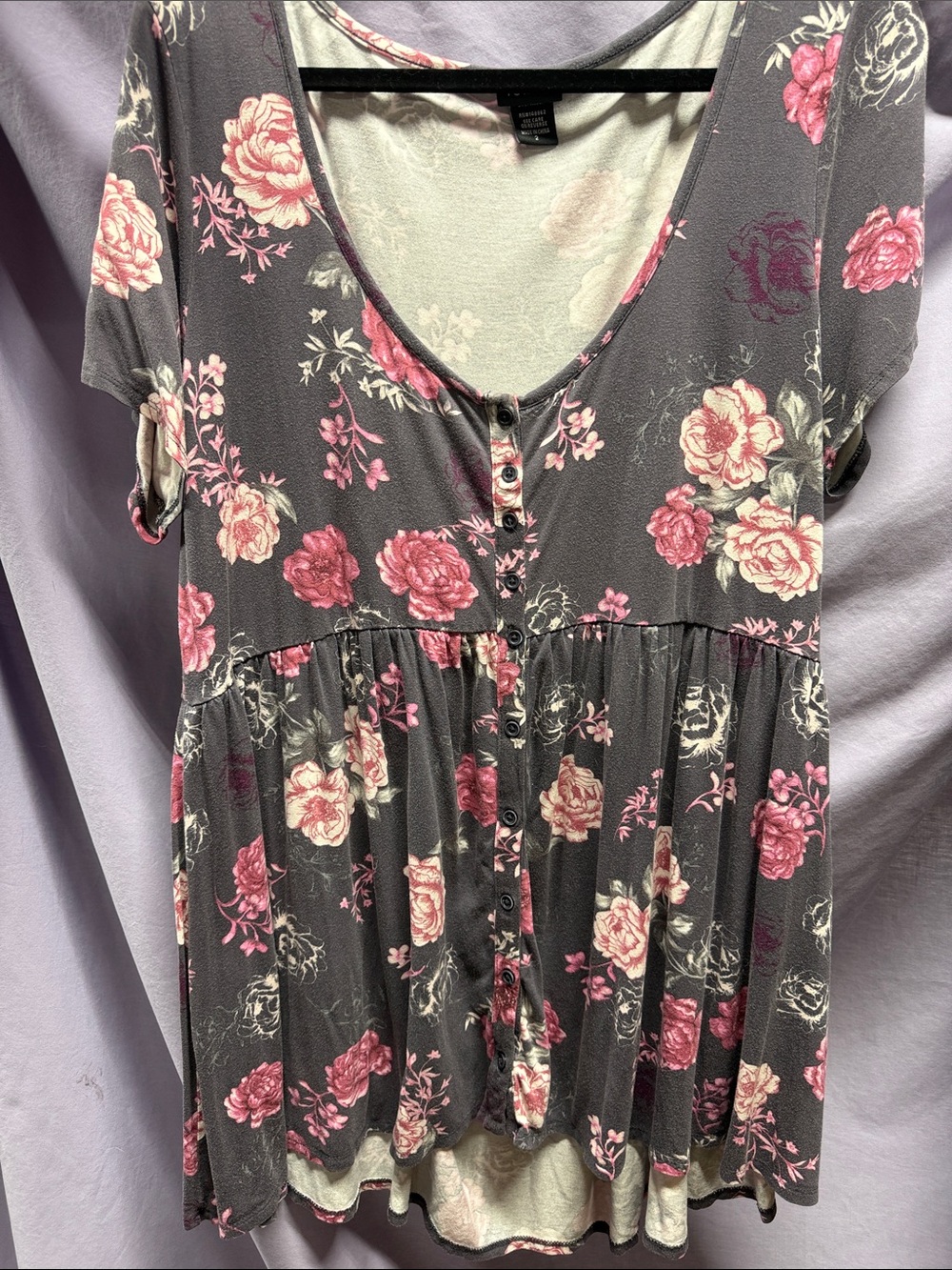 torrid Gray Floral Scoop Neck Top with Pink Rose Accents